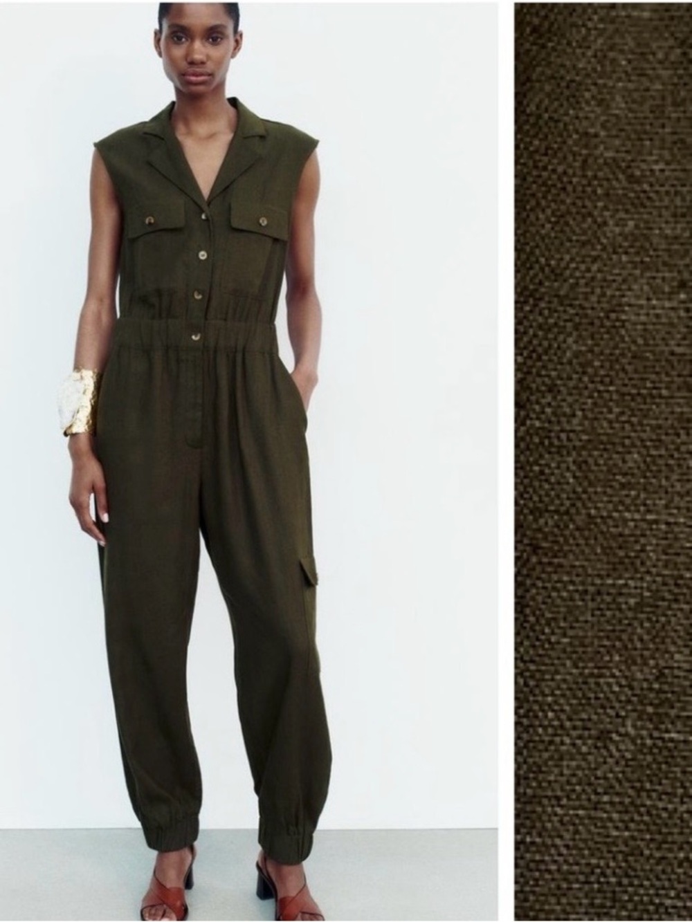 Zara Olive Green Sleeveless Utility Jumpsuit